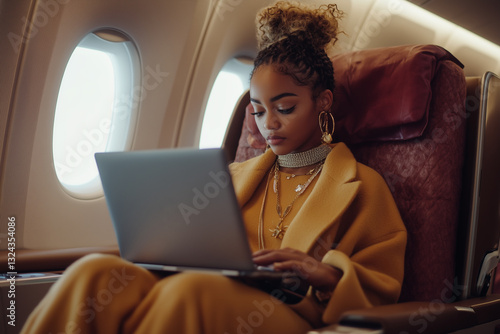 A stylish young woman works on her laptop while traveling in a luxurious airplane cabin.  Suitable for topics about freelancing, online work, rich life, travel.