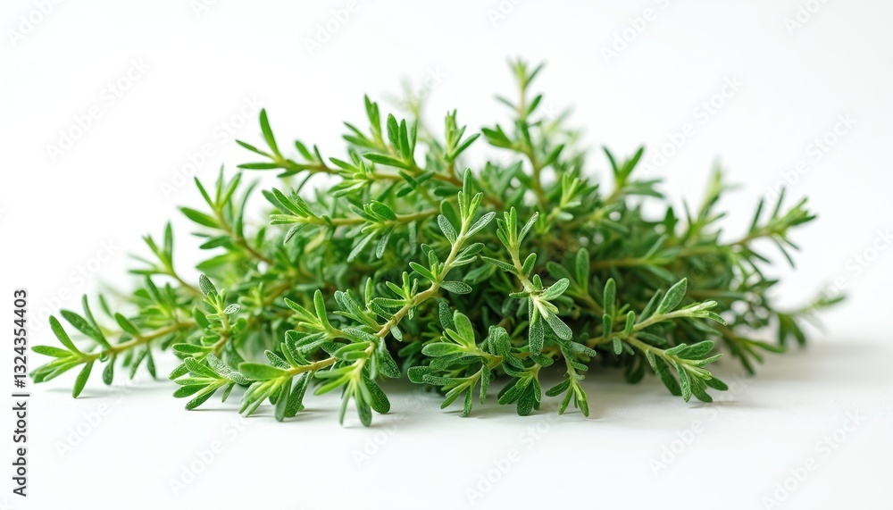 Fresh thyme herb bunch isolated on white background. Aromatic culinary spice, green seasoning ingredient for healthy cooking, salad or herbal medicine. Raw sprig branch twig close-up. Fresh thyme herb bunch isolated on white background. Aromatic culinary spice, green seasoning ingredient for healthy cooking, salad or herbal medicine. Raw sprig branch twig close-up.