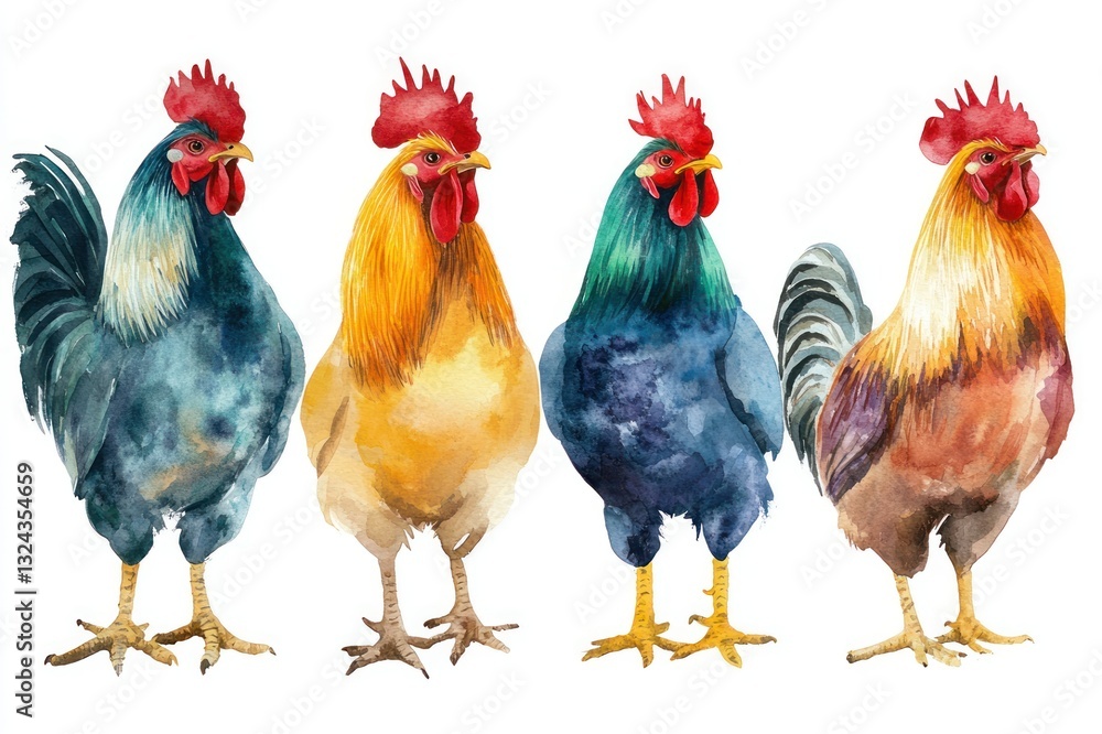 Fototapeta premium Colorful Watercolor Roosters Displaying Different Breeds and Styles on White Background