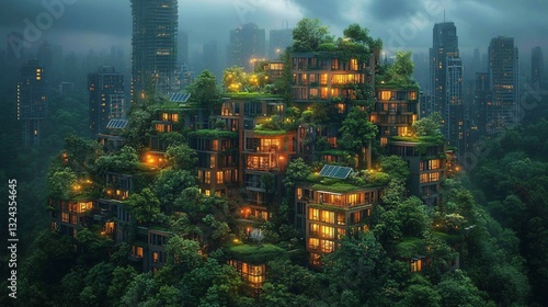 Overgrown Futuristic City at Night Rain Lush Green Vegetation