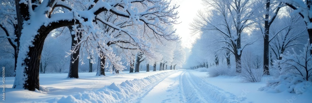 Naklejka premium Branches bowing under the weight of the snow-covered trees, snow covered, cold, frosty