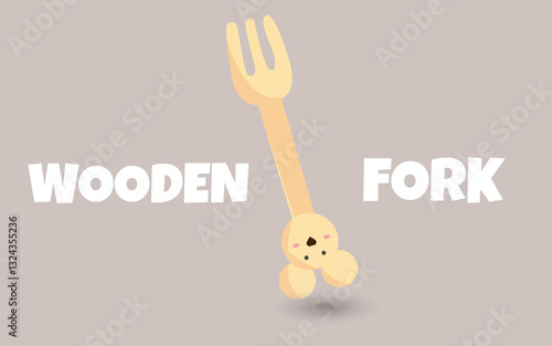 Illustration of a wooden fork, The handle extends into a cute character face with blushing cheeks and bunny-like ears, bringing warmth and personality to a simple kitchen utensil.