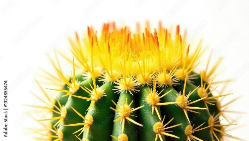 Fuzzy yellow cactus spines isolated on white background, details, botanical