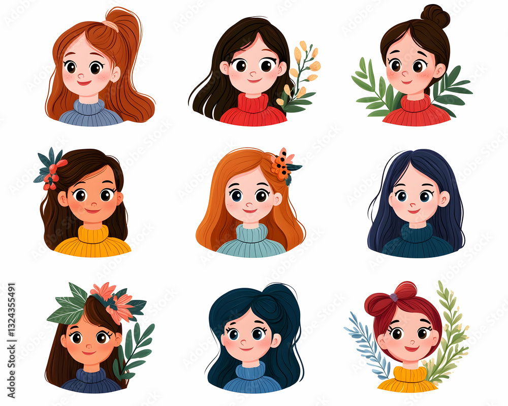 Cute girl avatars in various hairstyles and outfits Cute girl avatars in various hairstyles and outfits