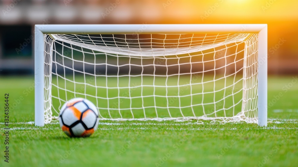 Fototapeta premium Empty school sports ground Concept, Empty Soccer Goal with Perfectly Kept Net on a Bright Field at Sunset