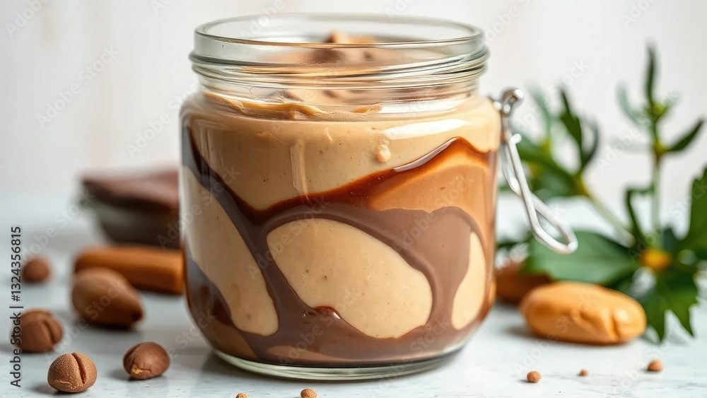 Creamy peanut butter and chocolate mixture in a glass jar, dessert, Creamy peanut butter and chocolate mixture in a glass jar, dessert,