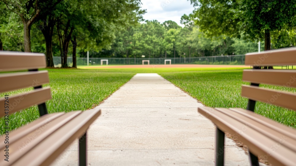 Empty school sports ground Concept, Tranquil School Sports Area with Shaded Benches and Pathway in a Quiet Corner of the Campus Empty school sports ground Concept, Tranquil School Sports Area with Shaded Benches and Pathway in a Quiet Corner of the Campus
