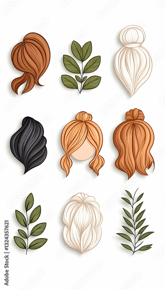 Fototapeta premium Cute hair styles, various colors, and leaves