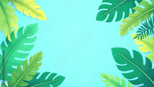 Tropical green leaves template with pastel background and free place for text. Copy space.
