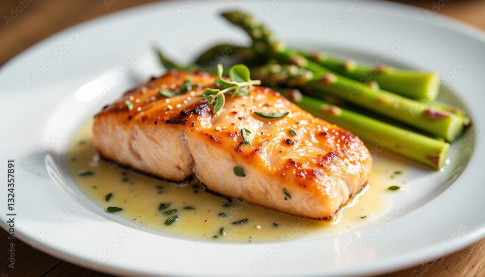 Elegant grilled salmon with asparagus on clean plate, culinary art Elegant grilled salmon with asparagus on clean plate, culinary art