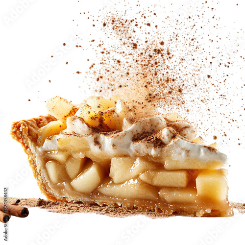 A Slice of Apple Pie with Steam and Cinnamon Powder Isolated on Transparent Background