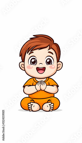 Cute little boy sitting, hands together, smiling
