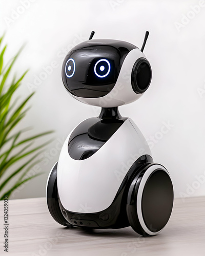 Cute, modern robot on a light surface.  Features glowing eyes and smooth design