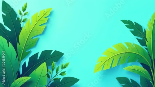 Abstract tropical green leaves card with azure background and free place for text. Copy space.