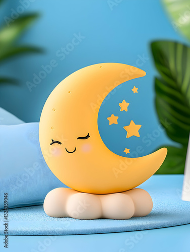 Cute moon figurine, light yellow, blue accents, and stars.  Soft, child-friendly design
