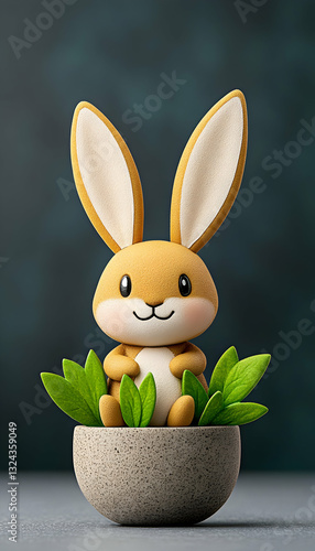 Cute little bunny figurine in a pot