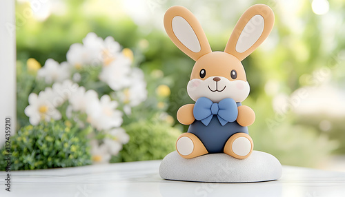 Cute rabbit figurine with bow tie, sitting on a stone