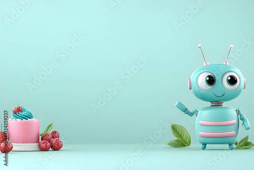 Cute robot figurine next to a birthday cake