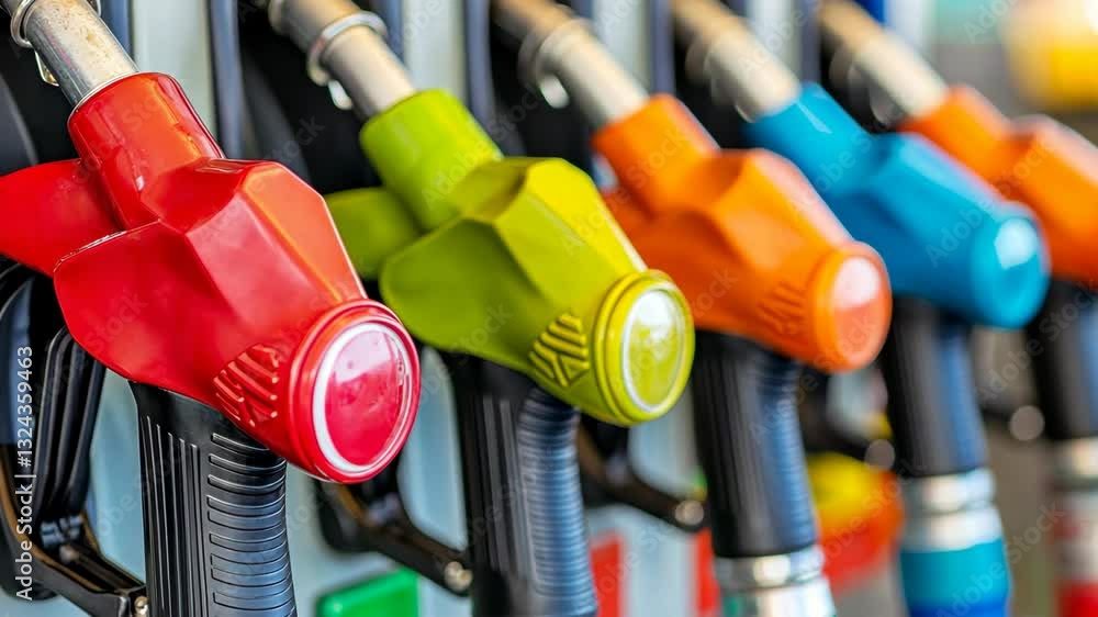 Colorful fuel pump nozzles arranged neatly at a gas station in broad daylight Colorful fuel pump nozzles arranged neatly at a gas station in broad daylight