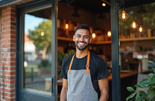 Fototapeta Naklejka Na Ścianę i Meble -  Young entrepreneur stands near storefront of business. Smiling cafe owner, wearing apron, blends cultural heritage with local community. Success concept, small business vision, diversity, cultural