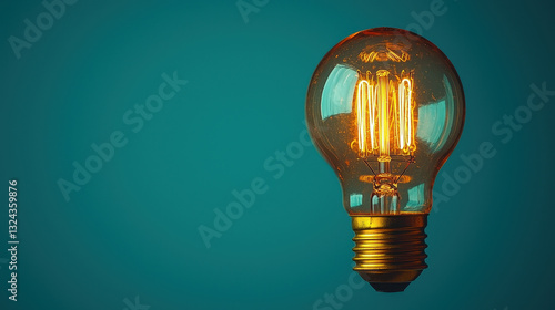 vintage light bulb glowing against teal background, showcasing its warm filament and unique design. This minimalist image evokes sense of nostalgia and creativity