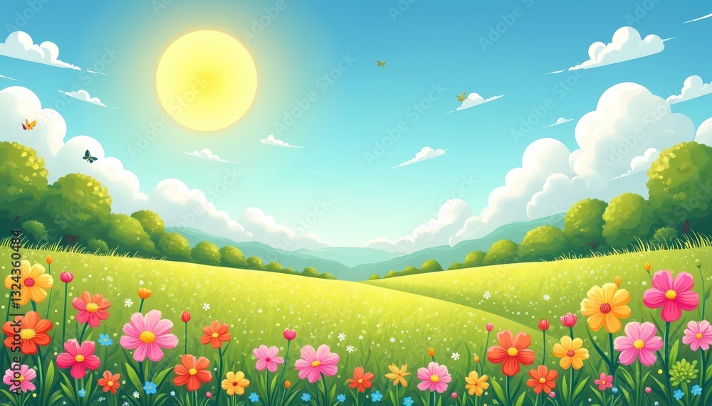 Fototapeta premium Vibrant spring landscape illustration with meadow flowers under bright sun. Green hills, trees, white clouds create cheerful rural scene. Summer scenery with blossoming flora, clear blue skies.