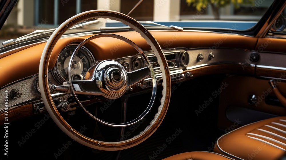 Fototapeta premium Vintage Car Interior Classic car interior with steering wheel and dashboard, close-up.