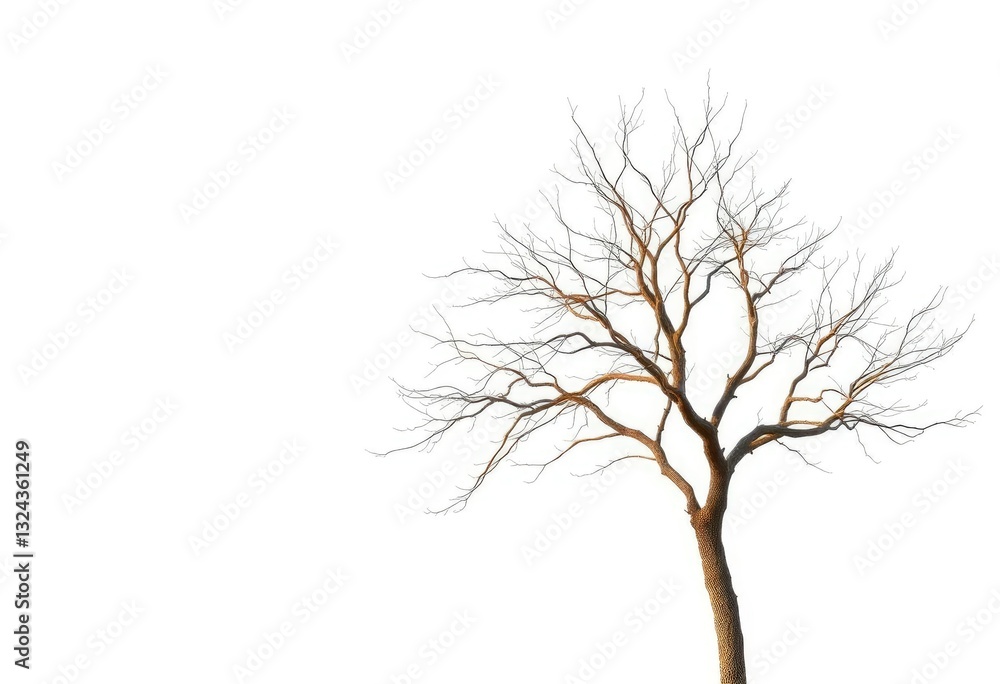 Lone deciduous tree, stark branches against pure white, environment, nature Lone deciduous tree, stark branches against pure white, environment, nature