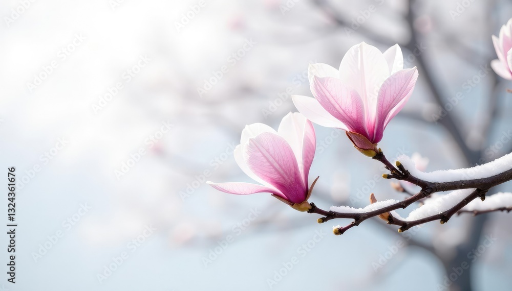 isolated magnolia tree branches on white background, quiet morning, snow covered magnolia, winter magnolia