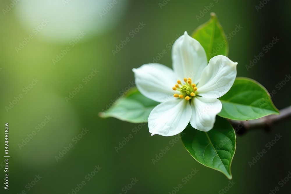 Detail of a single white dogwood flower on a slender branch, nature, branch, botanicals Detail of a single white dogwood flower on a slender branch, nature, branch, botanicals