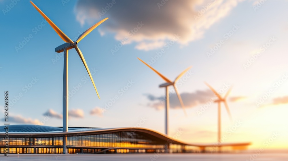Fototapeta premium Eco-friendly airport design concepts, Futuristic Airport Terminal Design Featuring Modern Wind Turbines Against a Golden Sunset Sky
