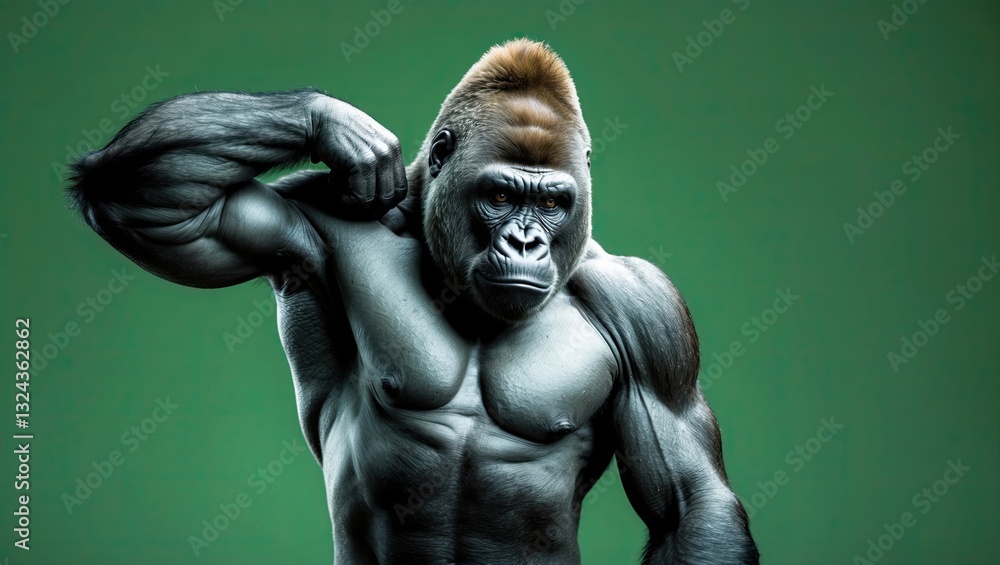 Mighty gorilla flexing its muscular physique against a solid green background, showcasing strength and power Mighty gorilla flexing its muscular physique against a solid green background, showcasing strength and power
