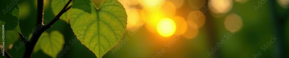 Heart shaped leaf on a tree with the sunset in the background, greenery, nature Heart shaped leaf on a tree with the sunset in the background, greenery, nature