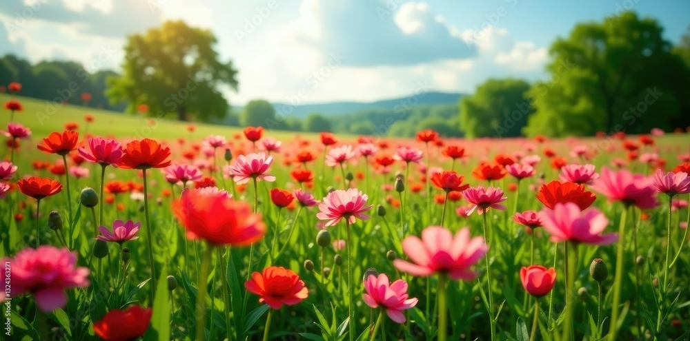 field of Ranunculus flowers swaying in the wind with trees in the background, serene landscapes, ranunculus flowers field of Ranunculus flowers swaying in the wind with trees in the background, serene landscapes, ranunculus flowers