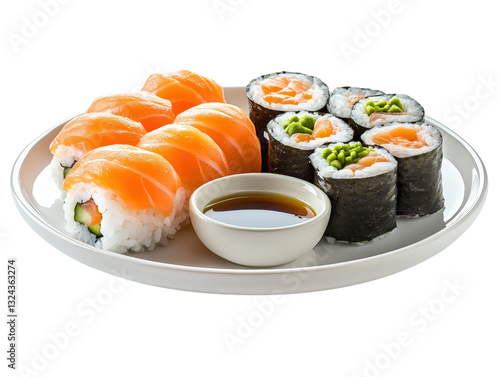 Traditional sushi plate featuring assorted pieces of sushi served with a bowl of colorful dipping sauce on the side isolated on a white background.