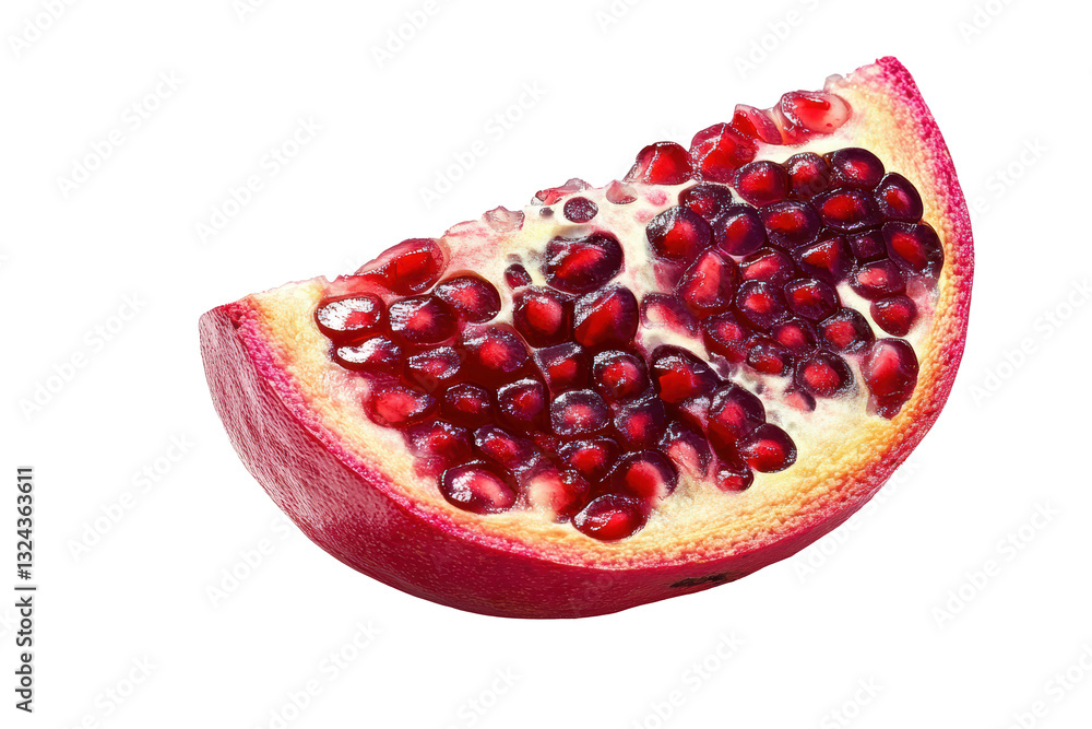 Pomegranate slice with vivid color and distinct texture, displaying its juicy, ruby red seeds PNG cut out. Pomegranate slice with vivid color and distinct texture, displaying its juicy, ruby red seeds PNG cut out.