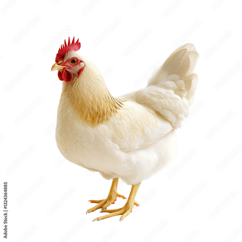 Fototapeta premium A charming chicken standing proudly in a farmyard setting surrounded by green grass and a bright blue sky isolated on a white background.