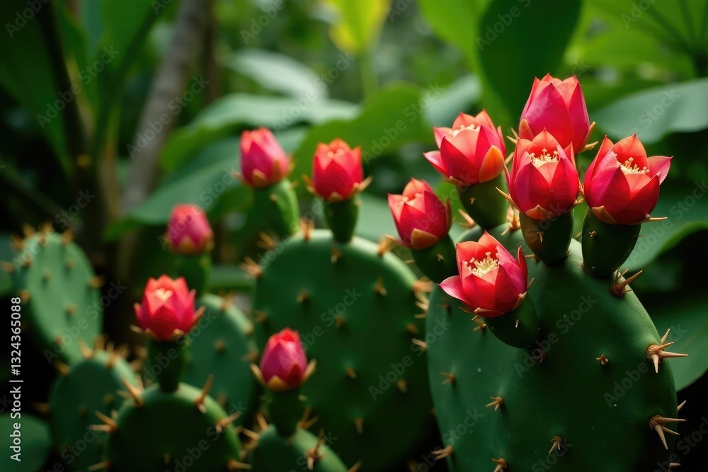 Prickly pear cactus flowers in tropical garden, greenery, botanical Prickly pear cactus flowers in tropical garden, greenery, botanical