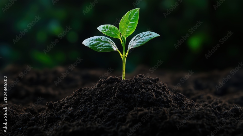 Fototapeta premium Growing green seedling in fertile soil nature close-up serenity