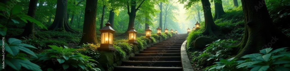 Staircase curves gently upward into the forest canopy, lanterns, elegance Staircase curves gently upward into the forest canopy, lanterns, elegance