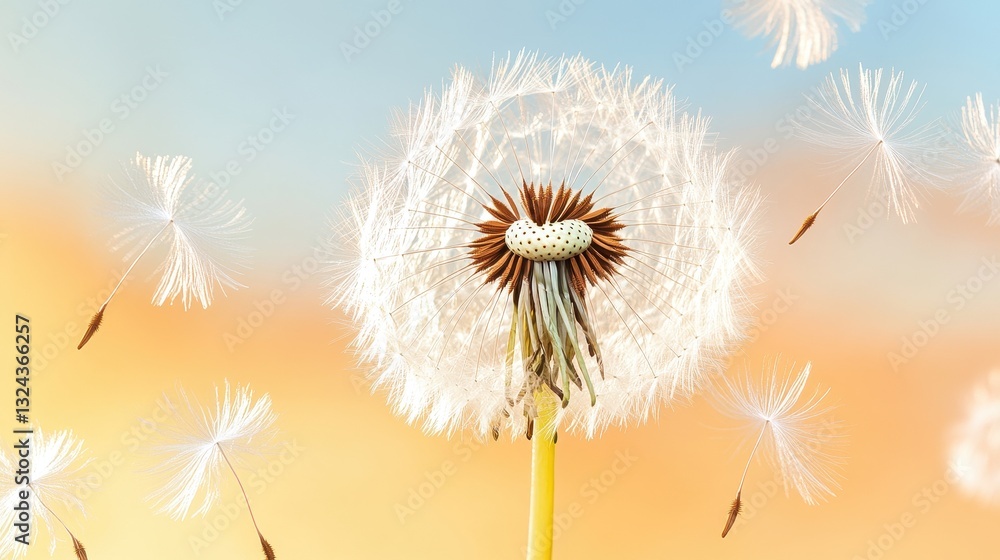Sunset Dandelion Dispersing Seeds Into The Air Sunset Dandelion Dispersing Seeds Into The Air