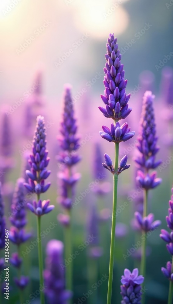 Fototapeta premium Soft pastel hues of lavender bloom in a serene field of tall flowers, floral, botanical, nature