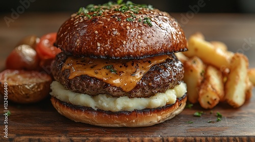 Juicy Beef Cheeseburger with Melted Cheese, Mashed Potato, and French Fries on Wooden Board