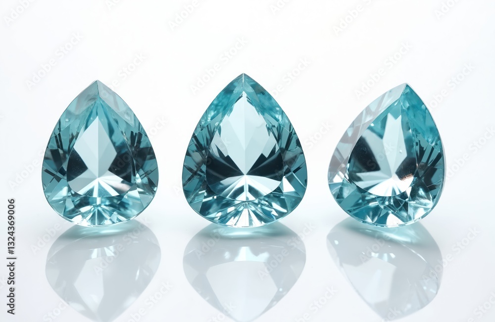 Macro photo of faceted transparent aquamarine gemstones. Stones teardrop shaped with shiny surface. Three precious gems isolated against white background reflecting light. Luxury wealth concept. Macro photo of faceted transparent aquamarine gemstones. Stones teardrop shaped with shiny surface. Three precious gems isolated against white background reflecting light. Luxury wealth concept.