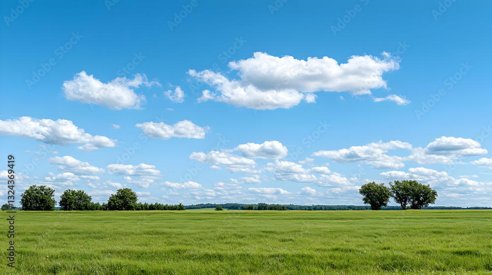 Vibrant Blue Sky With Fluffy White Clouds Over Green Field and Tree Line in Summer Daylight Vibrant Blue Sky With Fluffy White Clouds Over Green Field and Tree Line in Summer Daylight