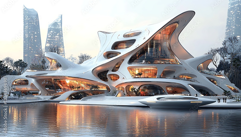 Futuristic Waterfront Building Design. Futuristic Waterfront Building Design.