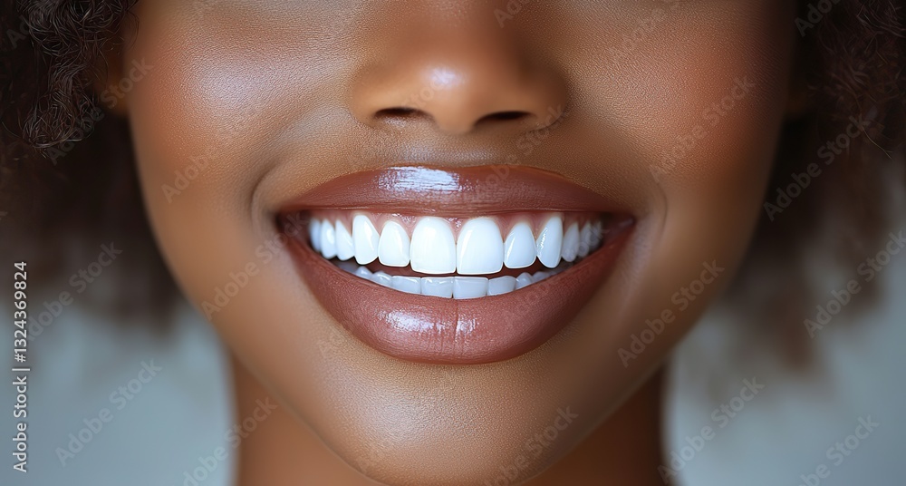 Obraz premium Close-up of smiling young black woman showing white teeth, glossy lips, dental, cosmetic care for radiant appearance.
