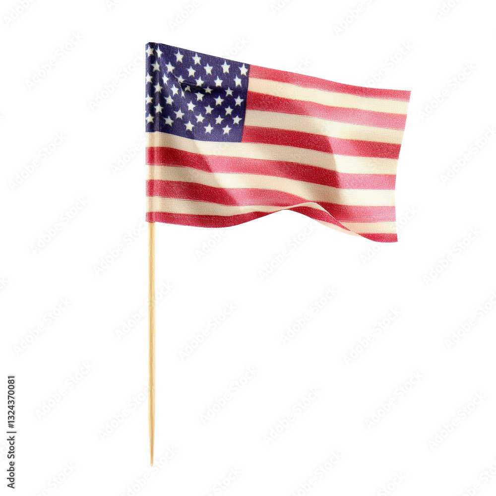 Fototapeta premium Brightly colored flag on a stick waving proudly against a clear blue sky symbolizing celebration and freedom isolated on a white background.