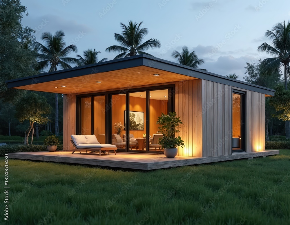 Fototapeta premium Modern wooden tiny house with flat roof on green lawn. Eco-friendly home, architecture design in nature. Rent, booking, insurance, mortgage, housing, moving and real estate themes.