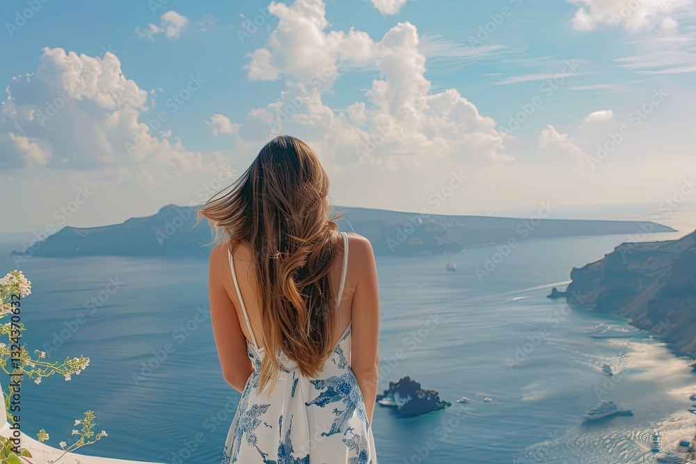 Premium Quality Image of Woman Enjoying View in Santorini Premium Quality Image of Woman Enjoying View in Santorini